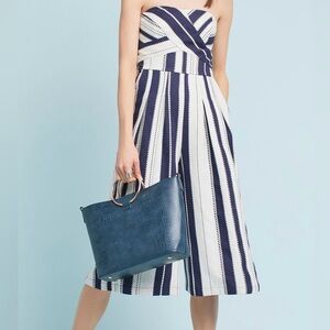 Anthropologie- Greylin— Strapless Jumpsuit in navy blue and cream.